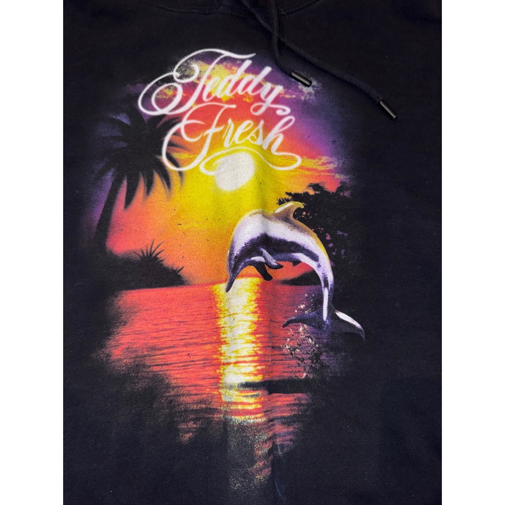RARE 
Teddy Fresh Black Dolphin Sunset Hoodie Mens 2XL Streetwear Pullover - Picture 2 of 3